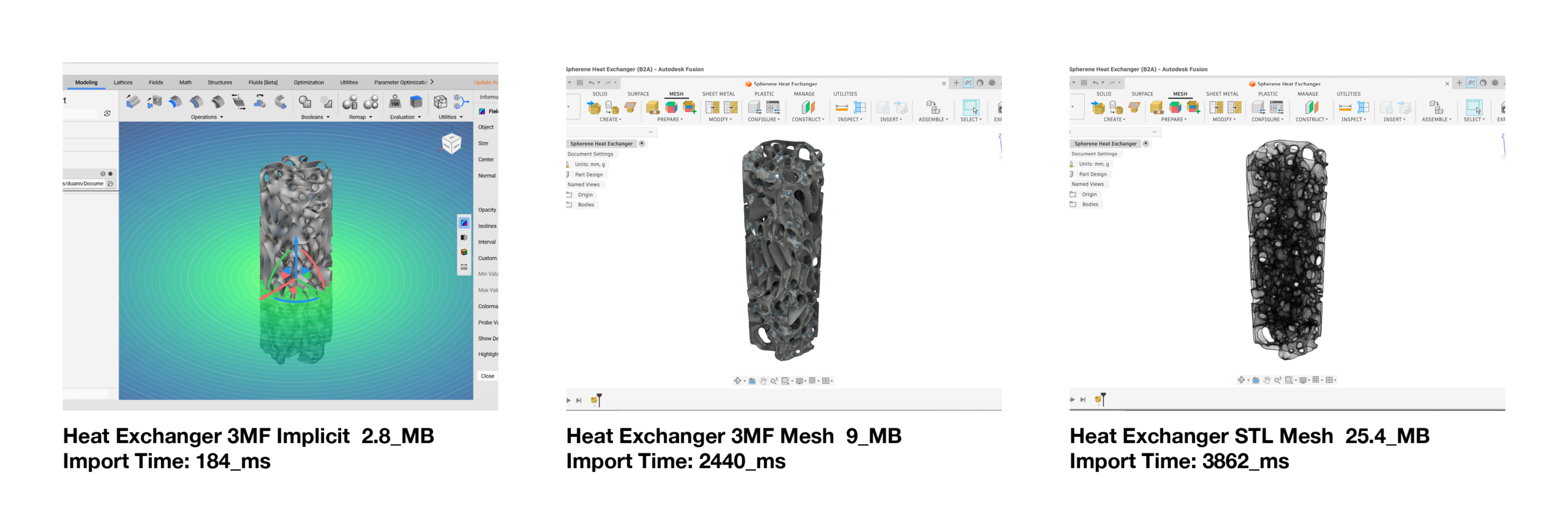 Spherene 3MF file comparison with size of file of 3MF implicit 2.8mb, 3MF mesh 9mb and STL mesh at 24mb